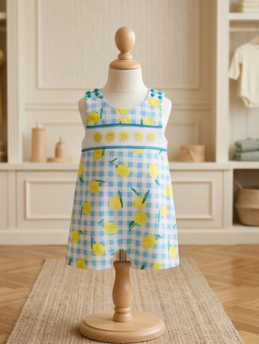 Lil Cactus Blue & White Gingham Lemon Smocked Jon Jon | Size 3T